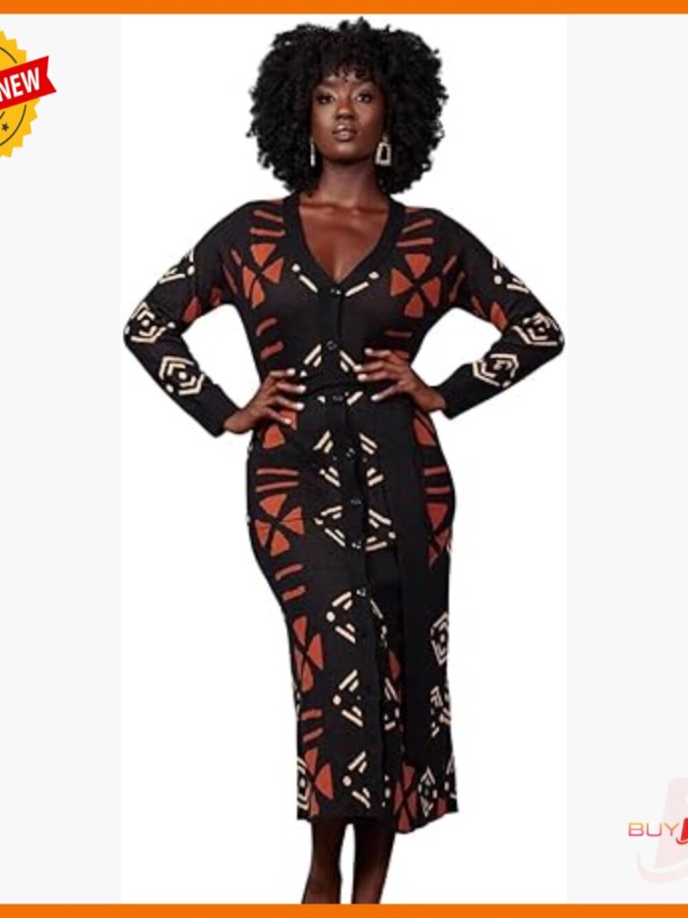 1X Cotton Cardigan Dress with Belt, Versatile African Pattern Sweater